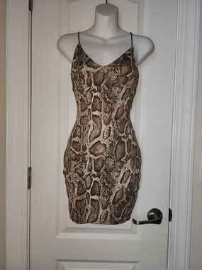 Snakeskin Print Bodycon Slip Dress - Brown